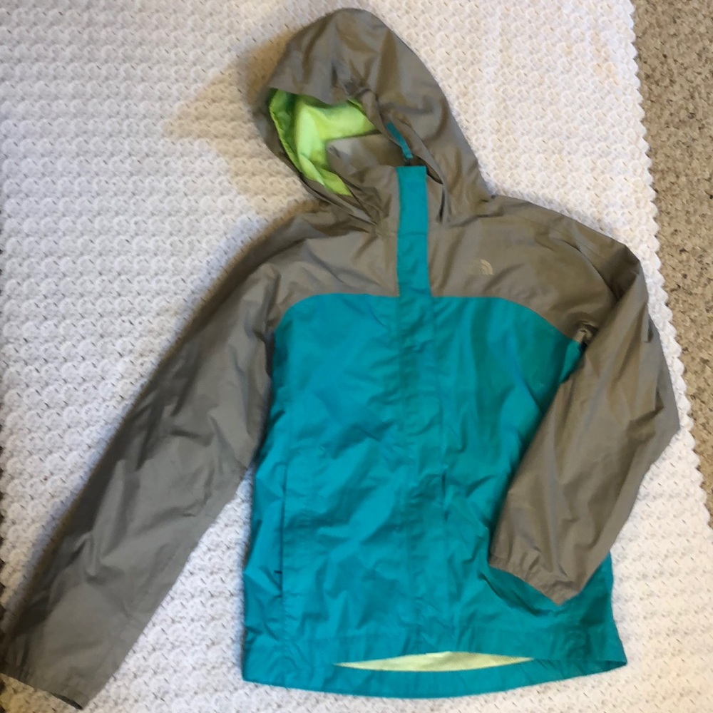 North Face Turquoise and Gray Raincoat